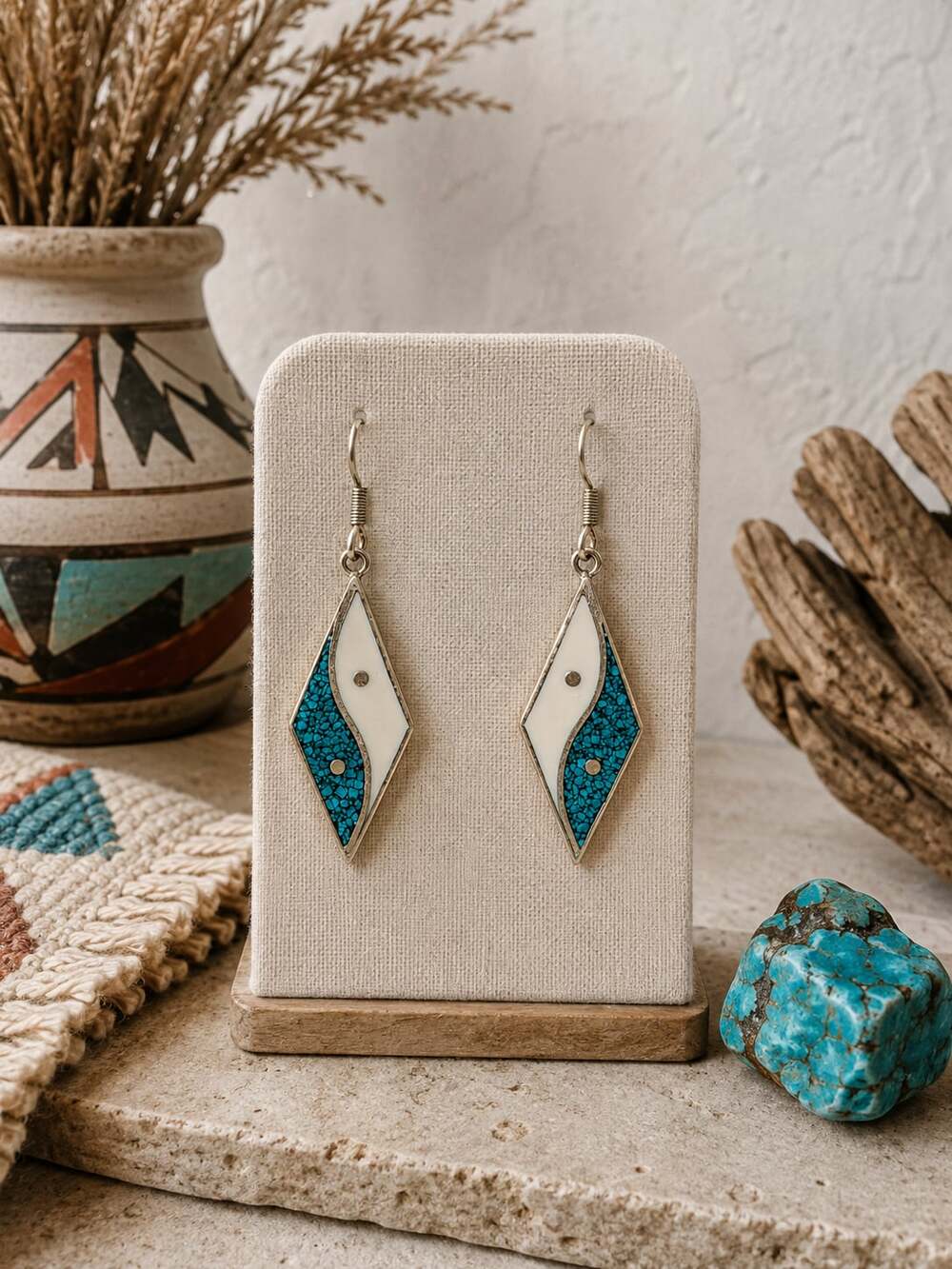 Vintage Mexican Inlaid Turquoise & White Shell Dangle Earrings